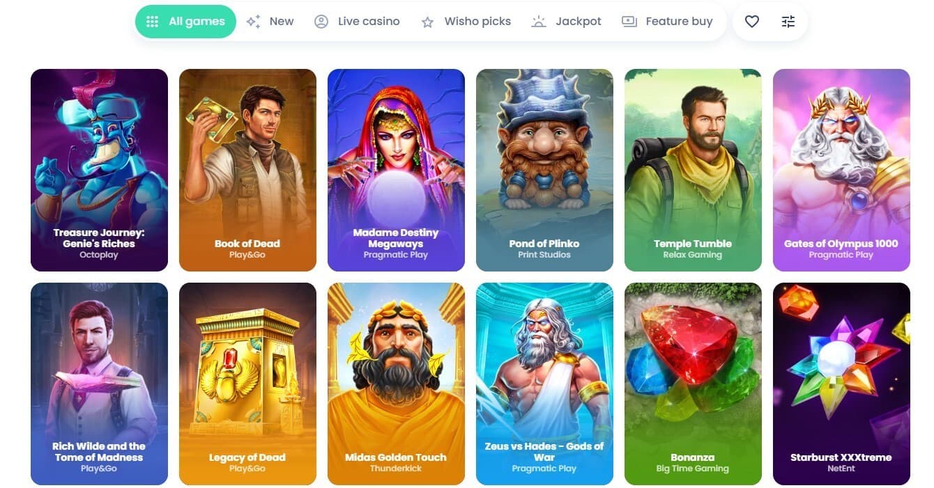 The games page of Wisho Casino presents a wide range of casino games, such as Book of Dead, Madame Destiny Megaways, and more.