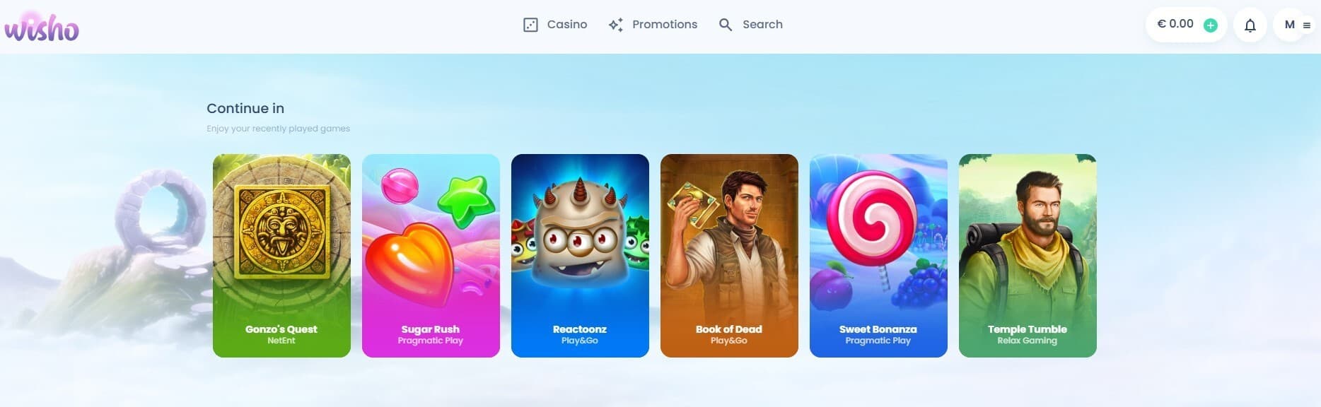 The landing page of Wisho Casino showcases the most popular casino games.