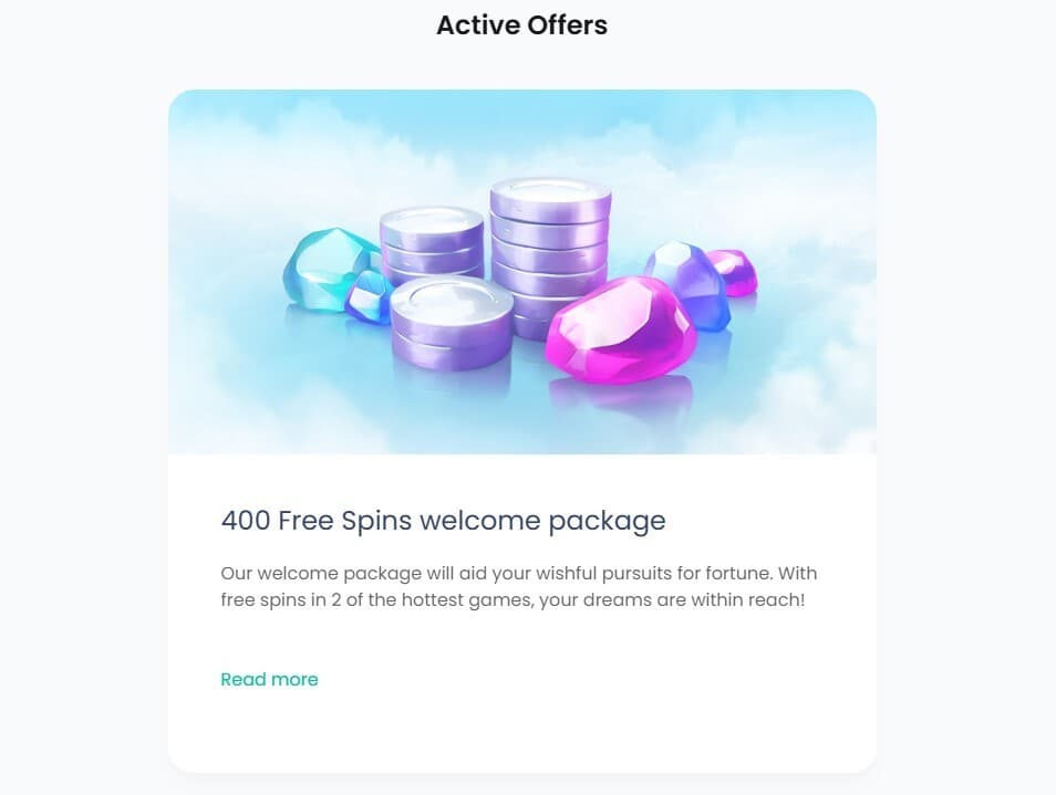 The promotions page of Wisho Casino presents the active offers, such as the welcome package. 