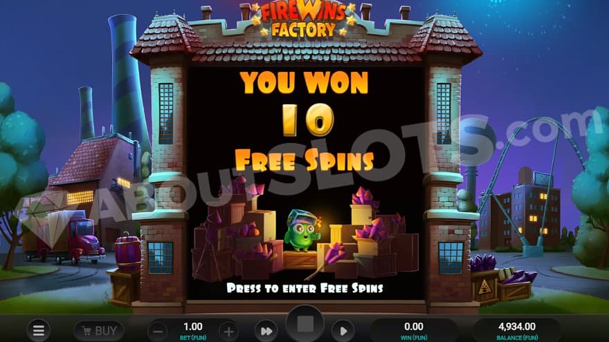 A welcome screen saying: "You won 10 Free Spins".