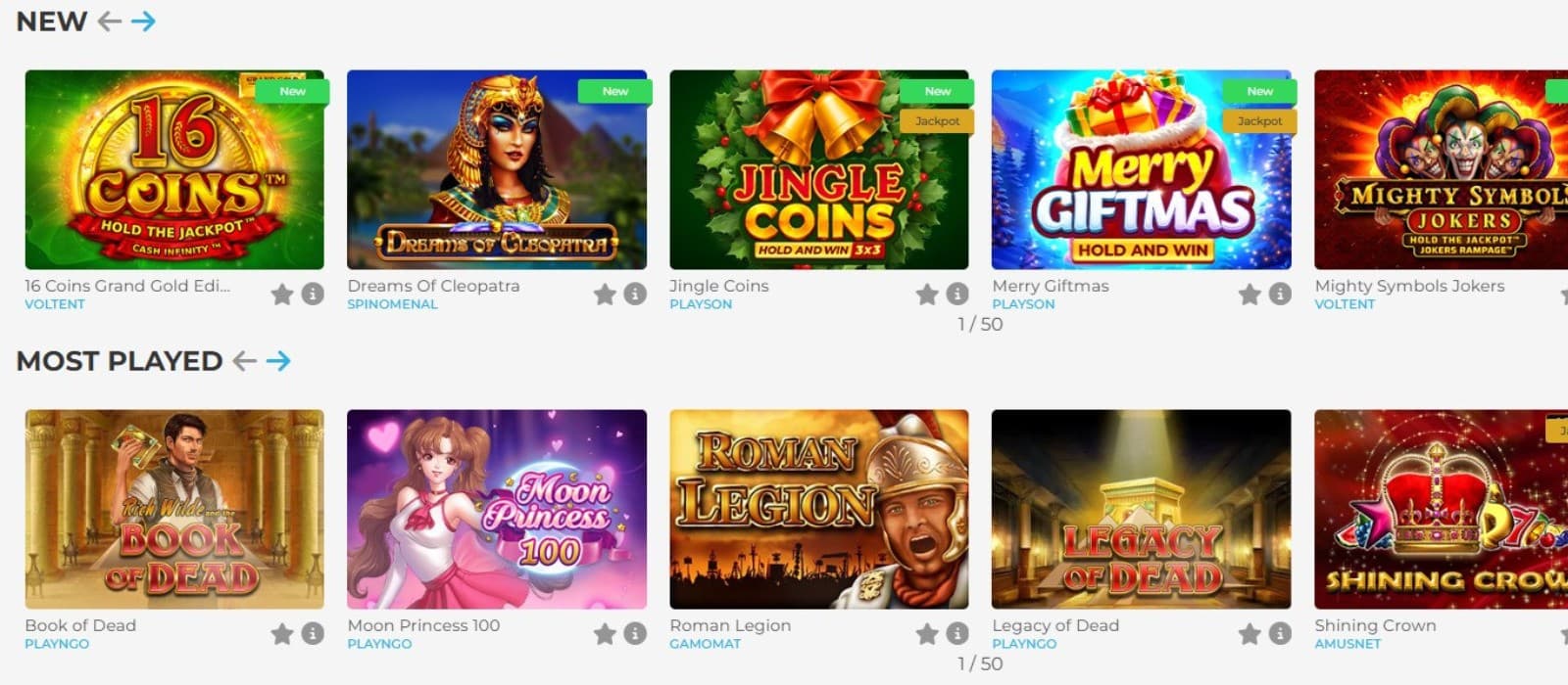 The games page of Wolfy Casino showcases a range of slot games, such as Book of Dead, Moon Princess 100, and more.