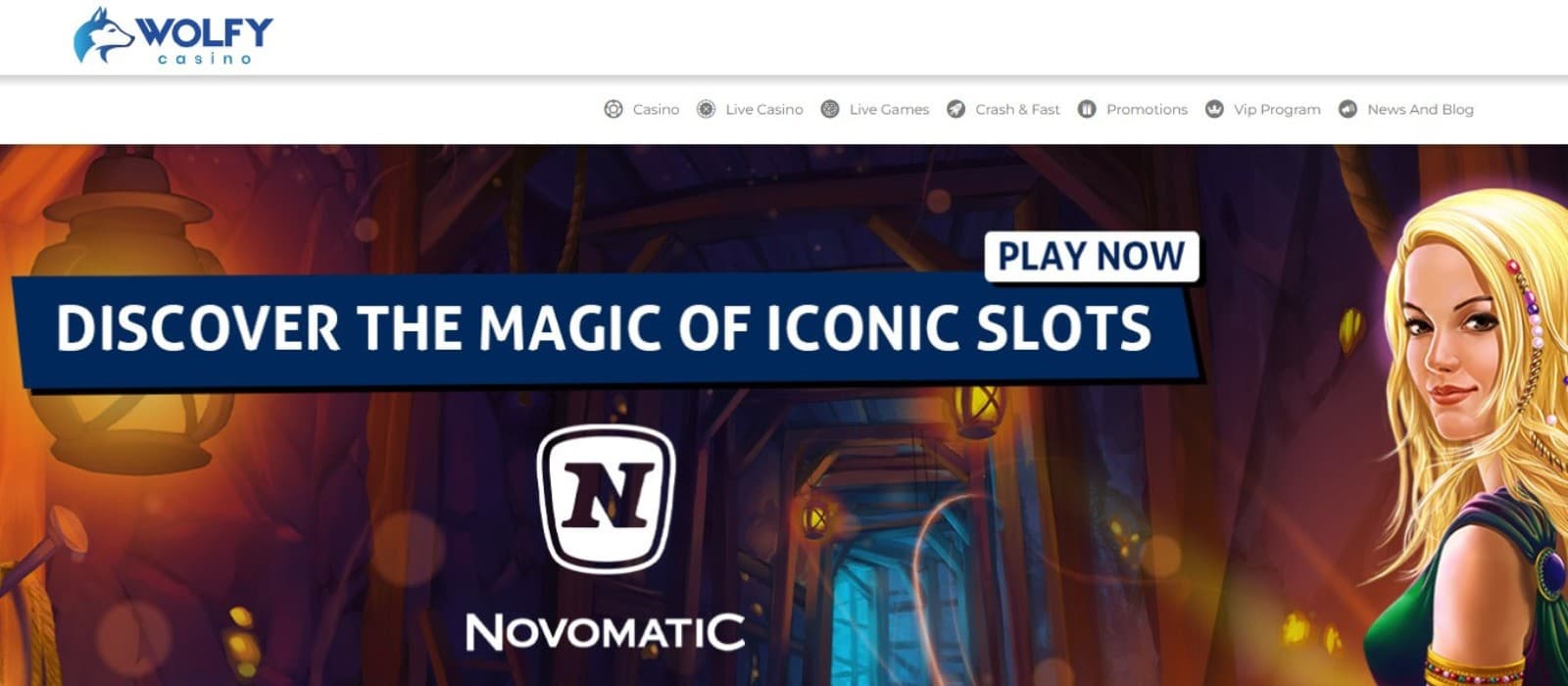  The landing page of Wolfy Casino presents the announcement of popular slot titles by Novomatic.