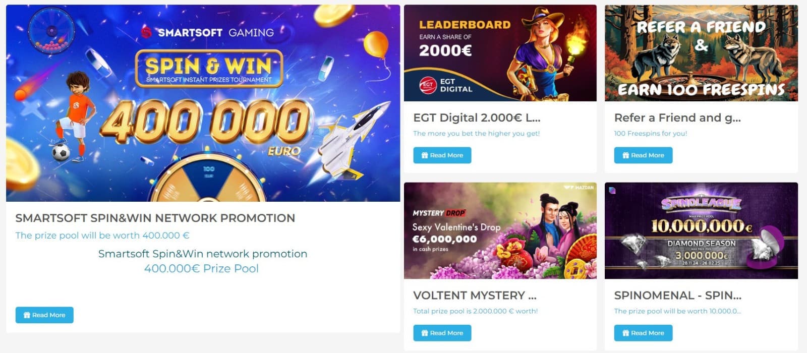  The promotions page of Wolfy Casino display a range of casino bonuses, such as the spin & win, tournaments, and more.