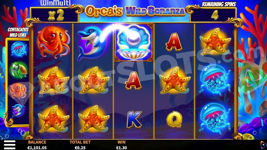 A 2x multiplier in the free spins with 4 remaining spins.
