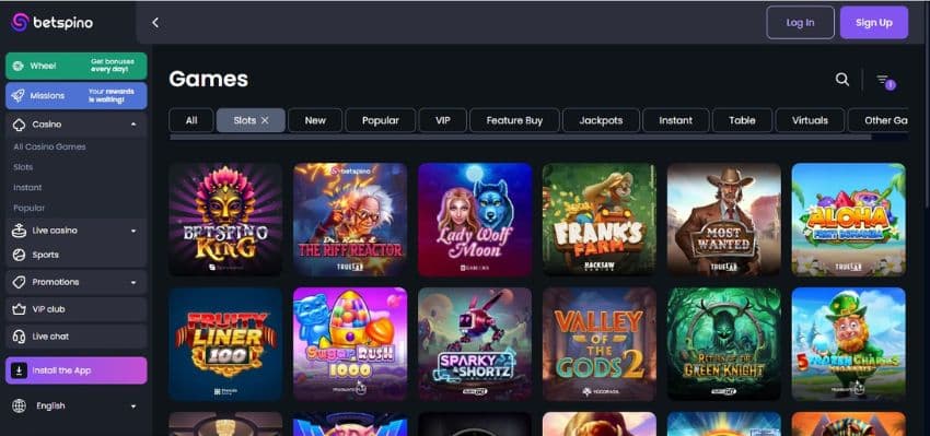 Betspino Casino’s slot category, showing games such as Betspino King and many others.