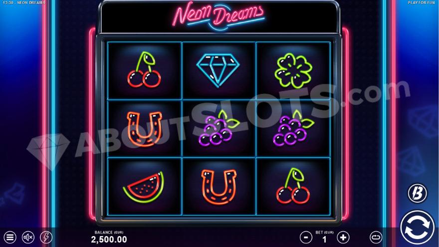 Base game with fruit symbols in neon on the reels.