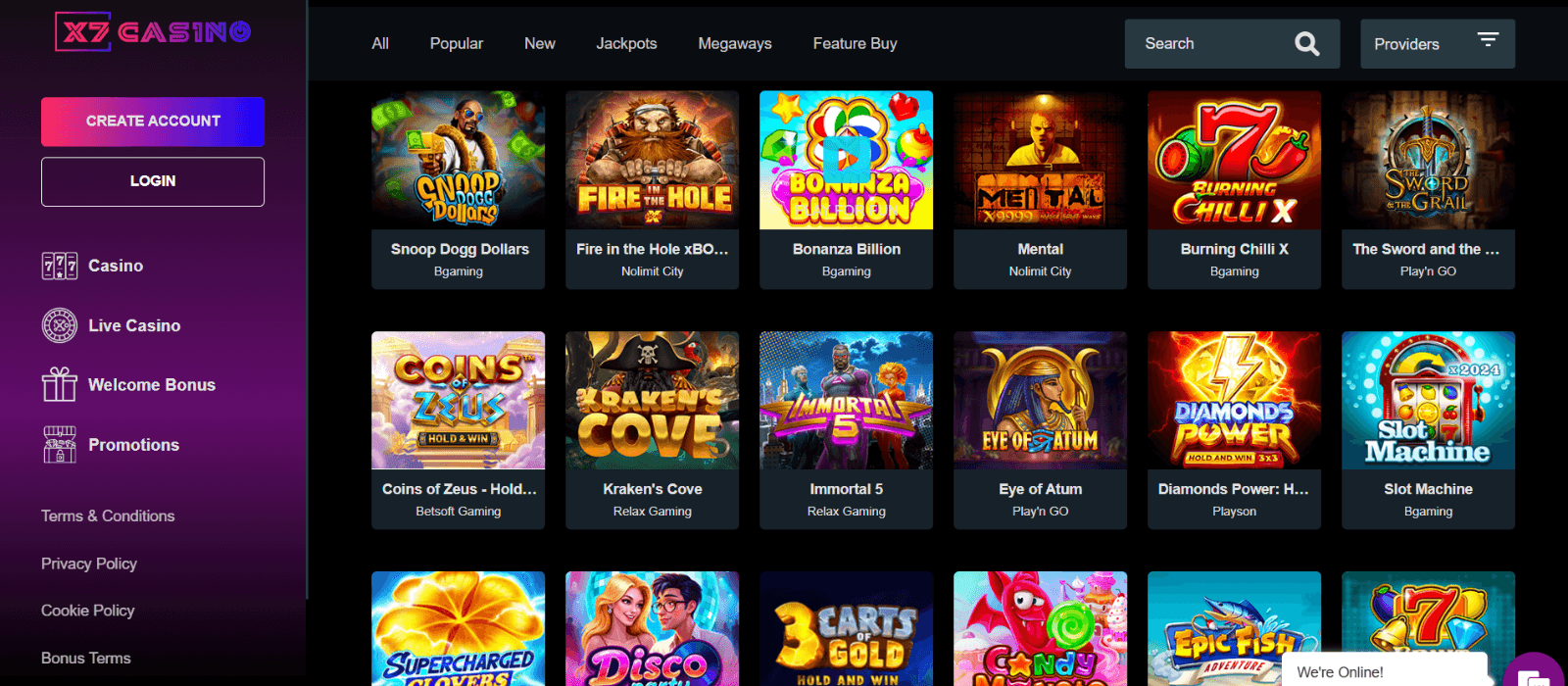 X7 casino games page with the colorful slot game icons and side navigational panel with violet background