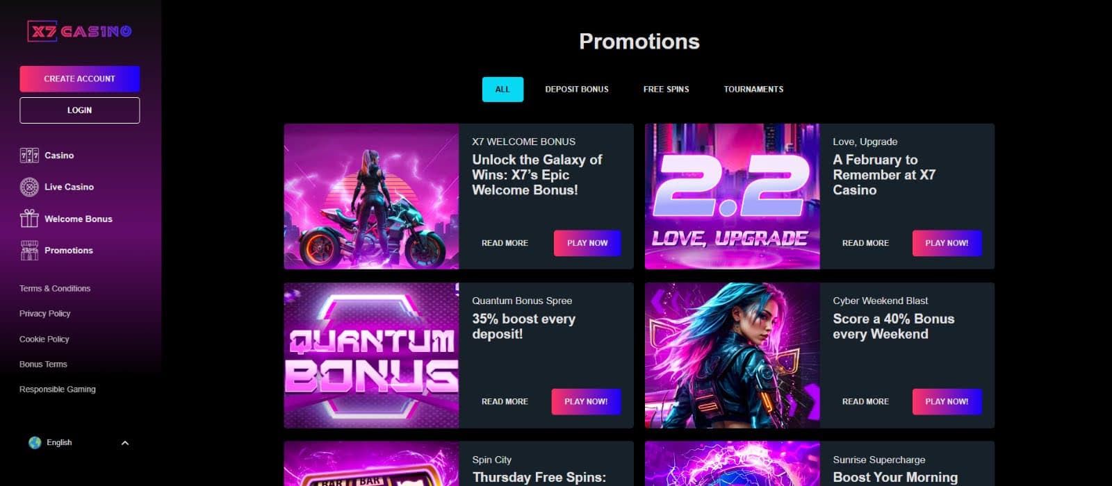 X7 Casino promotions page with promotions banners with animated images and violet and black background