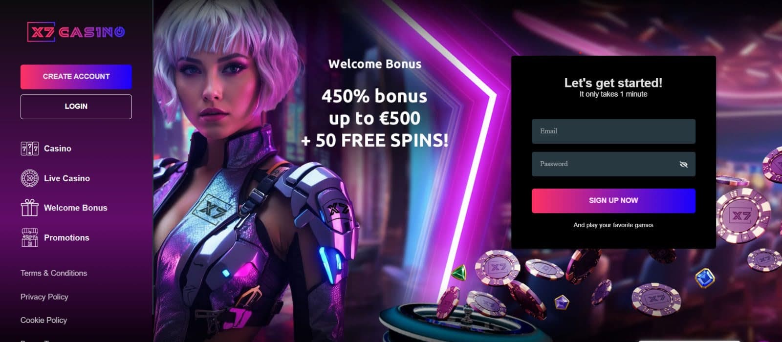 X7 casino landing page with the welcome bonus banner and side navigational panel with a futuristic woman animated image