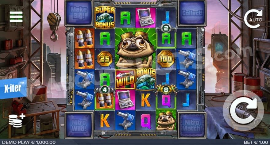 A casino slot with pugs and other symbols on the reels. 