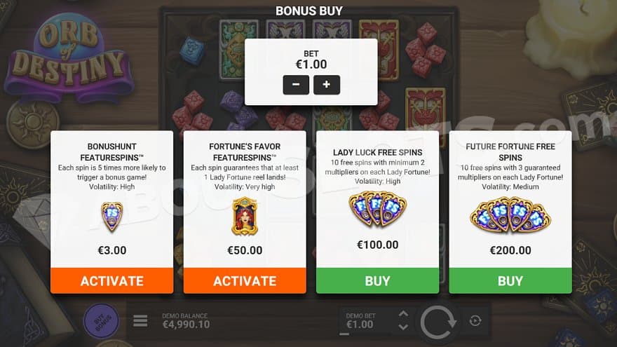 A menu offering 4 features for 3X to 200X the bet.