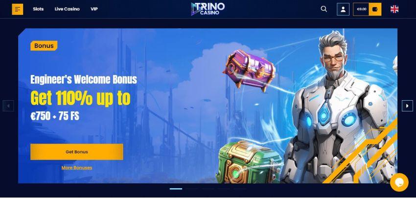 Trino Casino's homepage, showing the juicy Engineer's Welcome Bonus flanked by its iconic avatar.