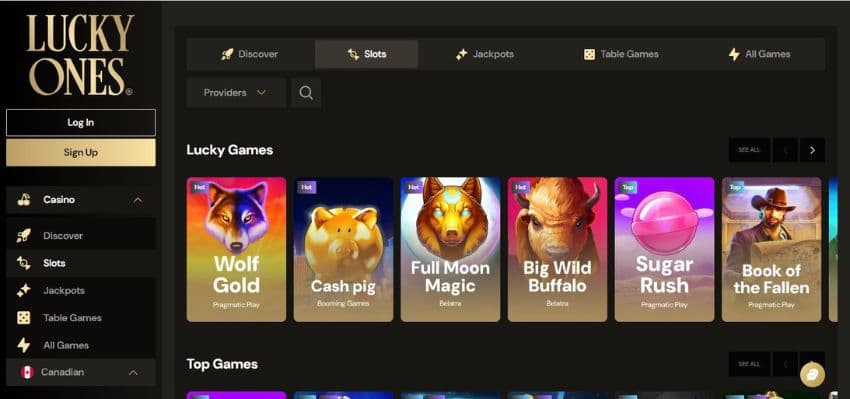 Lucky Ones Casino's slot games category, showing titles, such as Wolf Gold, Sugar Rush, and others.