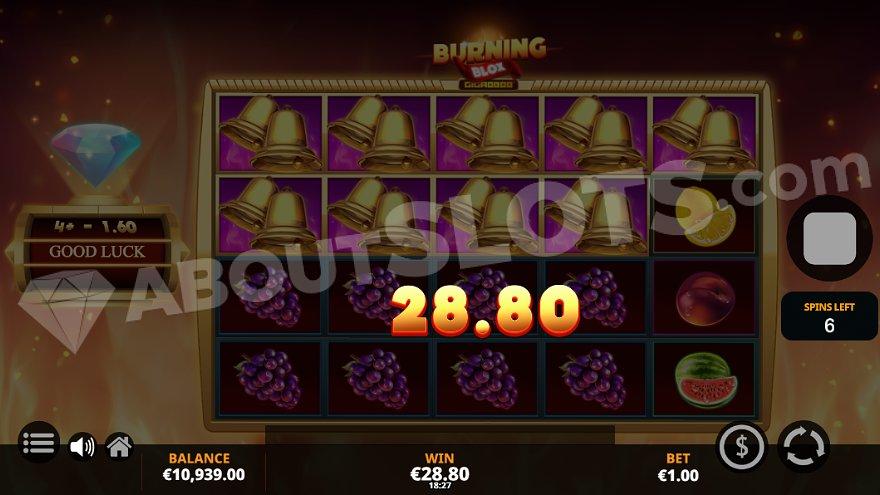 A 28.8X win containing bells and grapes in the Free Spins. 