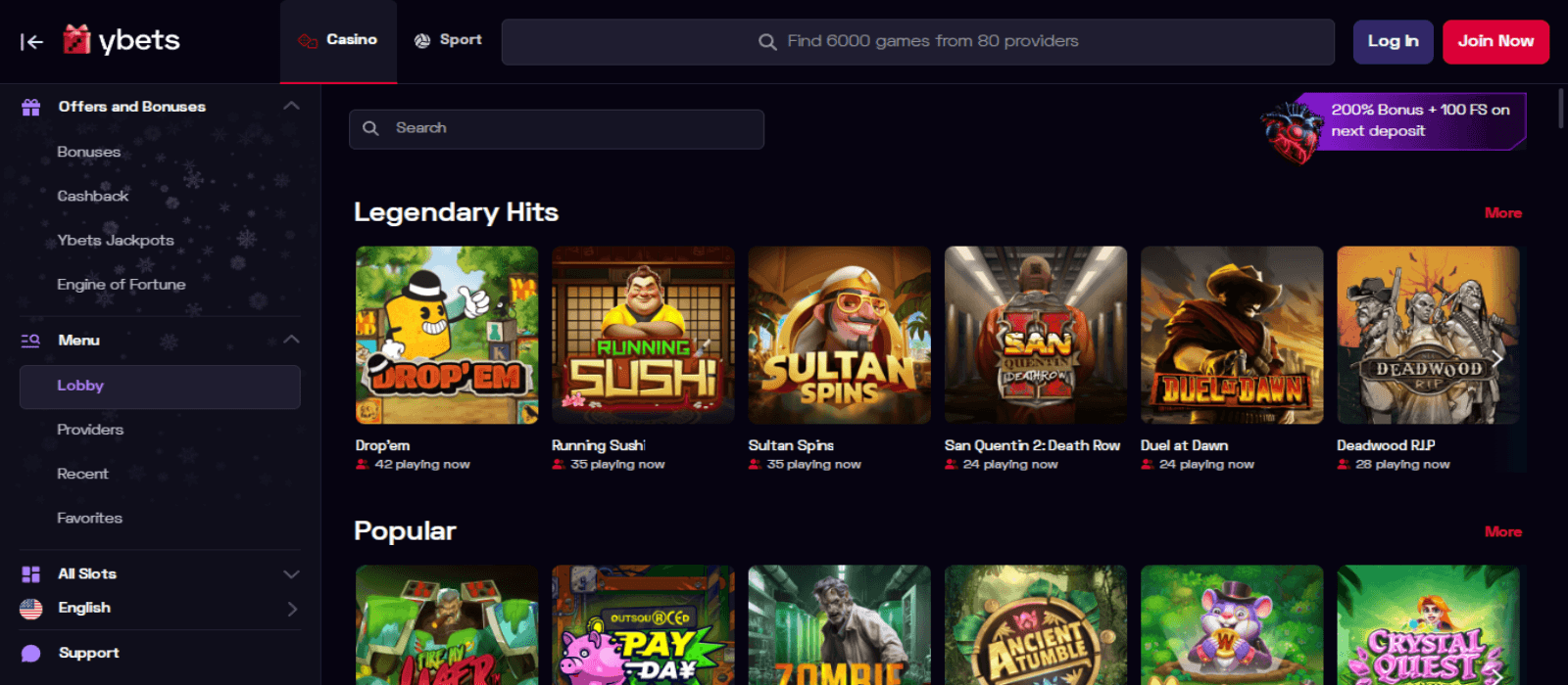 YBets casino games page showing the colorful slot games with icons with a black background and the side navigational menus are seen