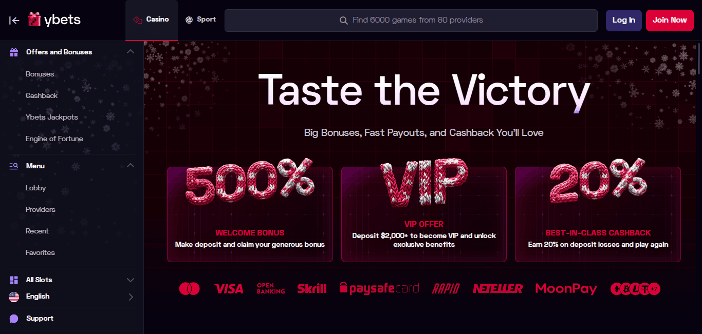 Ybets casino landing page showing the banner of various promotions and bonuses with other navigational menus on the left hand side.