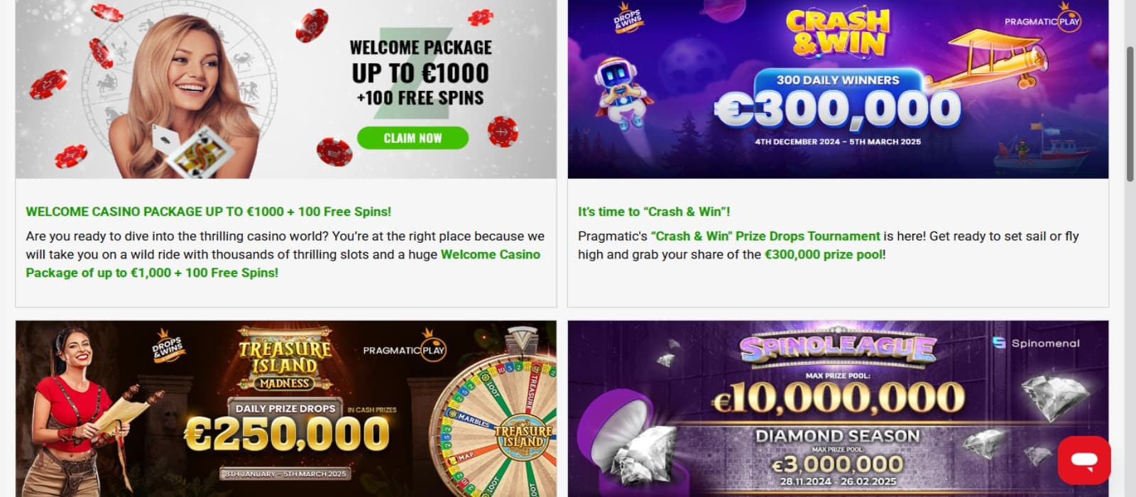 Zodiacbet casino promotions page showing the banners of various ongoing promotions with the welcome bonus offer banner