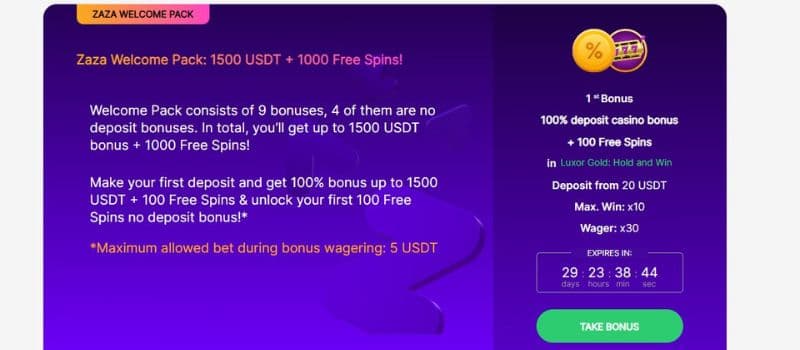  Claim €1500 in bonuses and 1000 free spins at Zaza Casino.