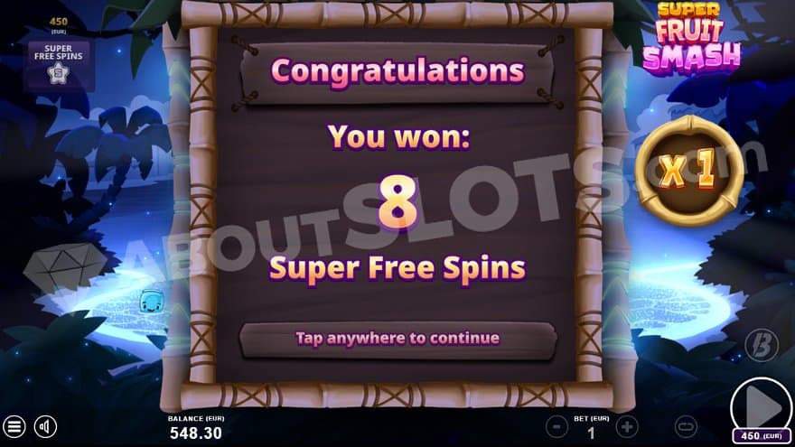 A welcome sign saying "Congratulations, you won 8 super Free Spins."