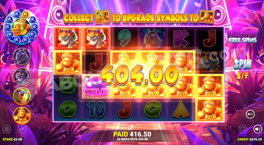 Mix Master Free Spins feature being active with full winning lines of Kong symbols.