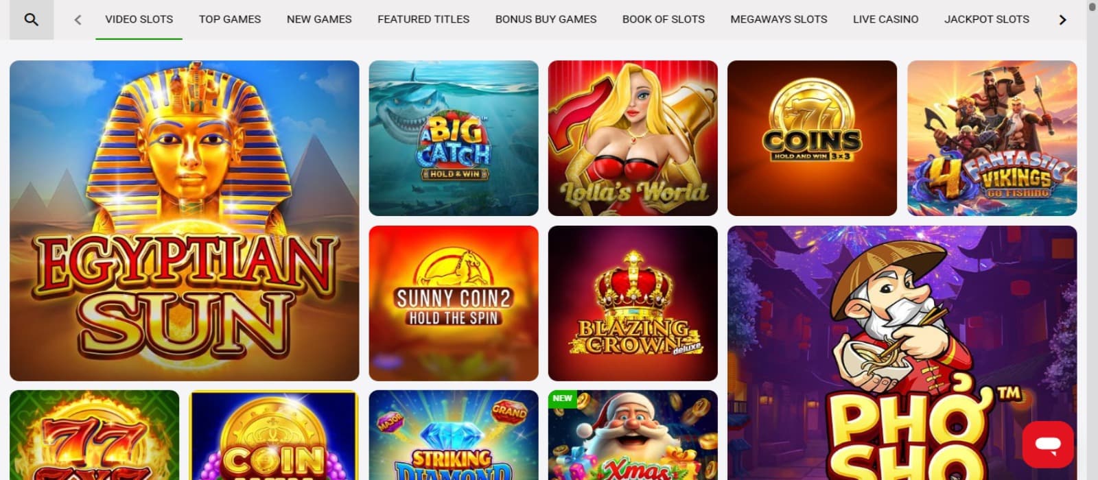 ZodiacBet casino games page showing the colorful icons of various slot games and the top navigational menus of game categories