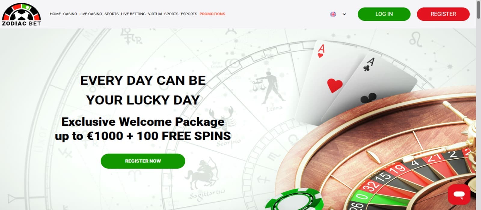 Zodiacbet casino landing page showing the welcome package banner and the logo of the casino on top with login option