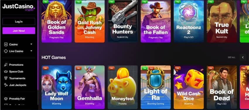 A selection of the slot games available at Just Casino