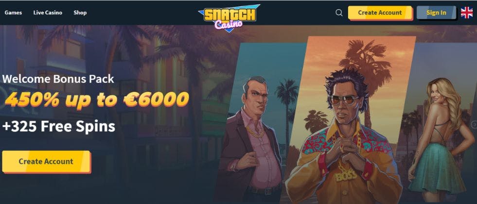 Homepage of Snatch Casino with Welcome Bonus