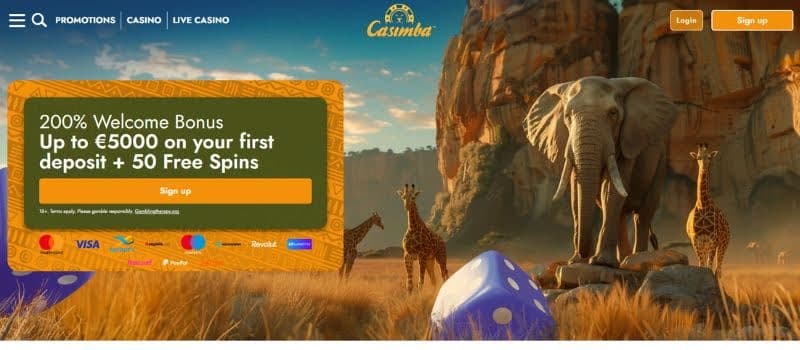 The main page for Casimba. The right side shows an image of an elephant and giraffe, and the left side shows the welcome bonus offer.