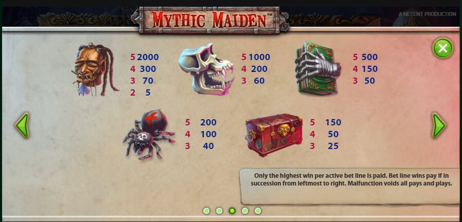 mythic maiden slot paytable