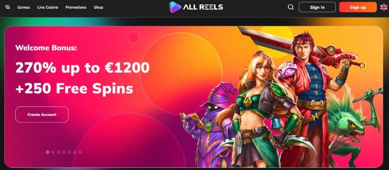 The main page for the casino Allreels.