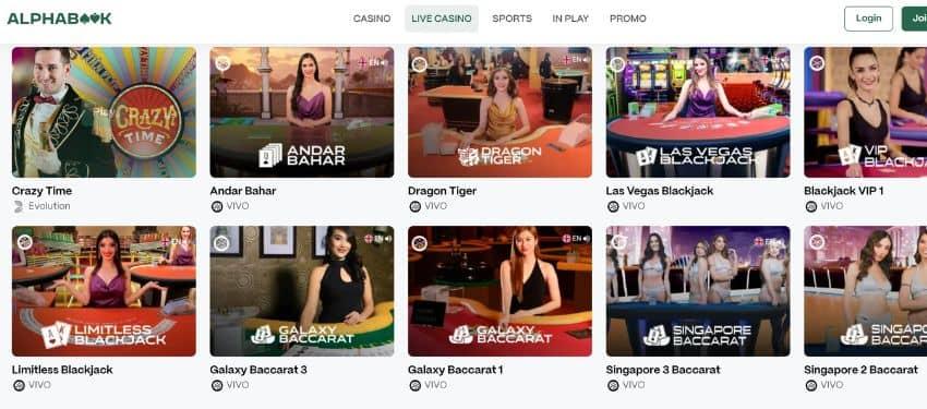 Alphabook casino live dealer page showing Dragon Tiger, Crazy Time, Andar Bahr and other titles.