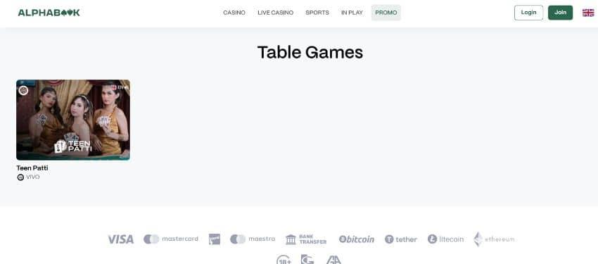 Alphabook casino table game page showing some titles   