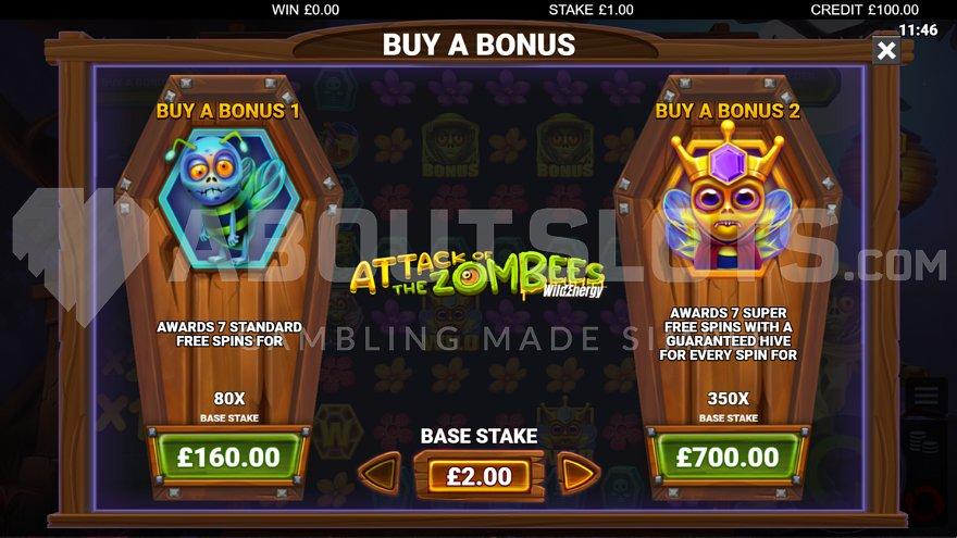 A screen offering the regular Free spins for 80X the bet and the super free spins for 350X the bet.