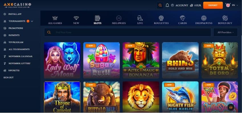 Axecasino's slot games section, showing titles such as Lady Wolf Moon and other impressive games.