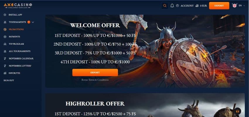 Axecasino’s promotions page, showing the breakdown of the welcome offer and the sidebar menu.