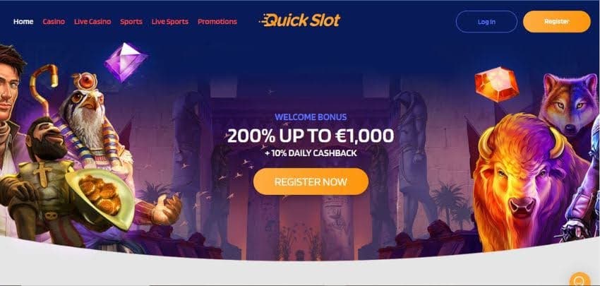 Quickslot Casino's homepage, showing the welcome bonus surrounded by game avatars.