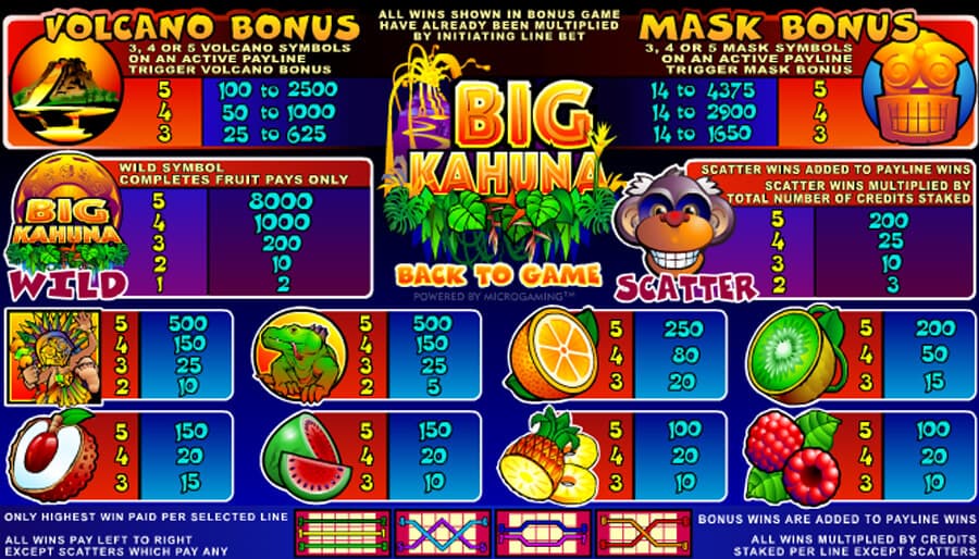 Big Kahuna slot paytable