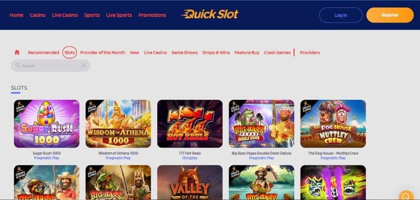 Quickslot Casino's slot games section, showing titles such as Sugar Rush 1000 and other impressive games.