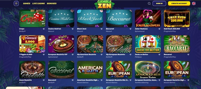 Gamblezen casino table games thumbnails showing titles like craps, casino hold ’em and baccarat.