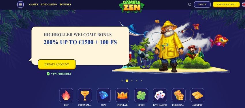 Cartoon illustration of an old man with white beard wearing a yellow coat on an island with a banner of Gamblezen highroller bonus.