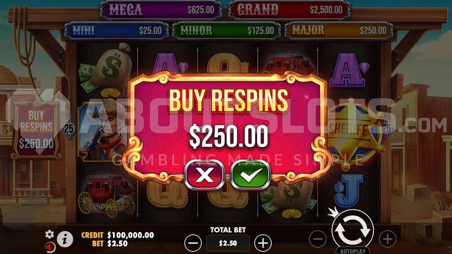 A screen offering the respin feature for 100X the bet.