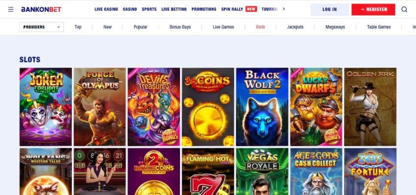 Bankonbet Casino's slot games category, showing impressive titles such as Joker Cashpot and other games.