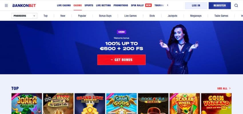 Bankonbet Casino's homepage, showing the welcome bonus offer and the game tabs.