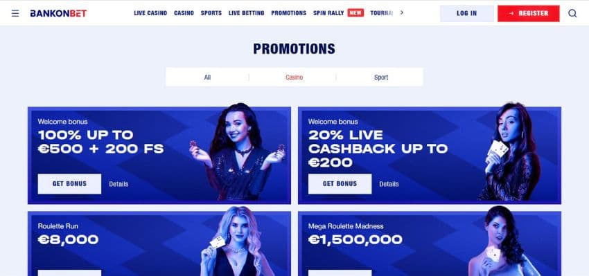 Bankonbet Casino's promotions page, showing welcome bonus and other impressive bonuses.