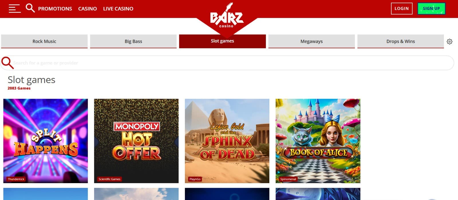 The gaming page at Barz Casino lets you enjoy premium gaming.