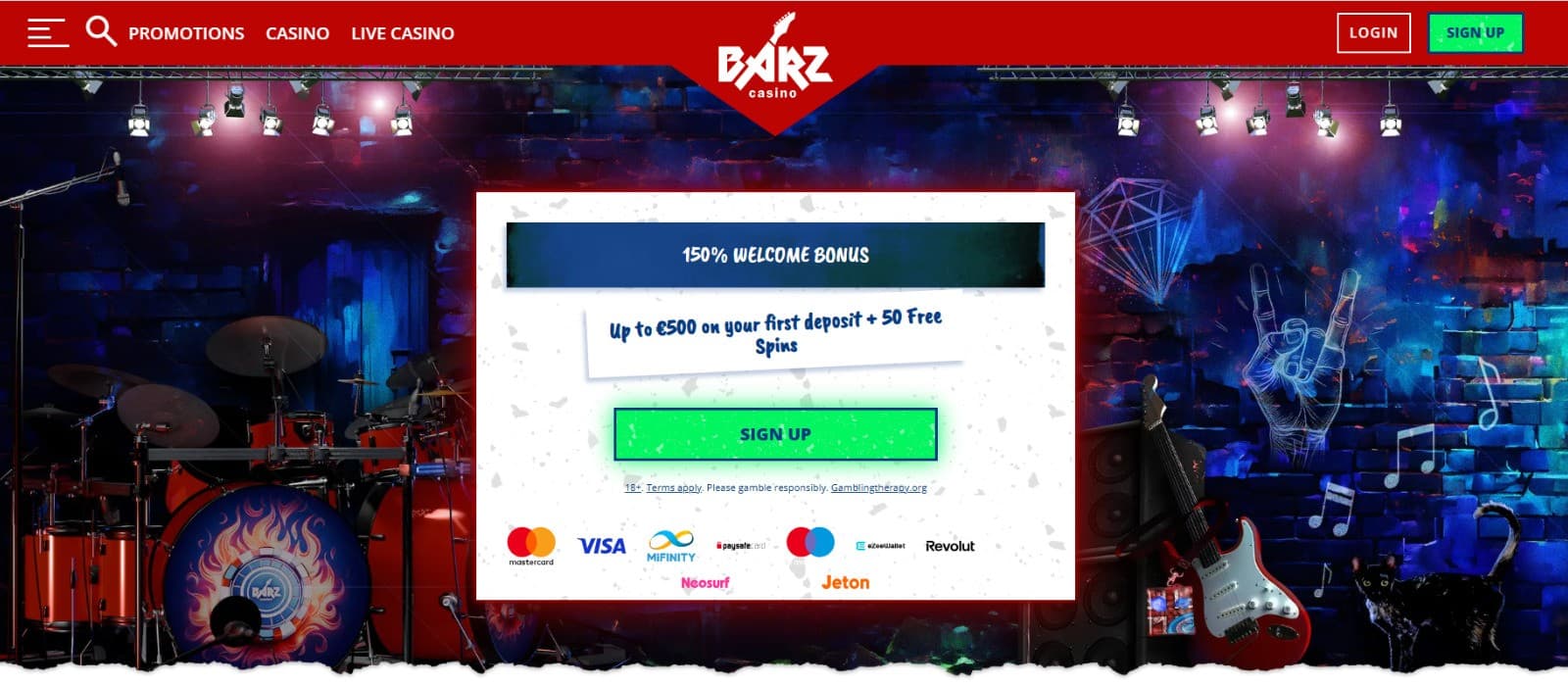 The landing page for Barz Casino shows the offering of a 150% welcome bonus up to 500 EUR + 50 free spins on your first deposit.