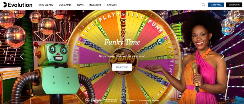 A screenshot from Evolution's homepage, showcasing its new game, Funky Time