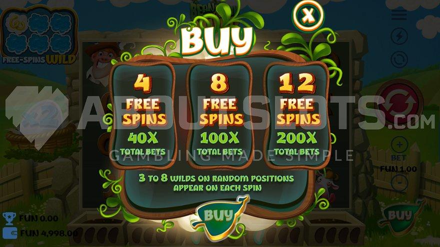 A screen offering 4, 8, and 12 Free Spins for 40X, 100X, and 200X the bet. 