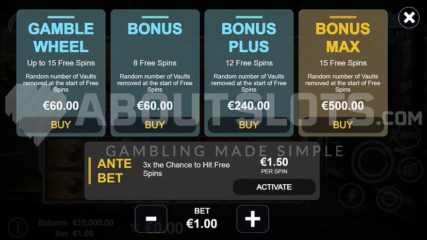 A menu offering 4 features from 60X to 500X the bet.